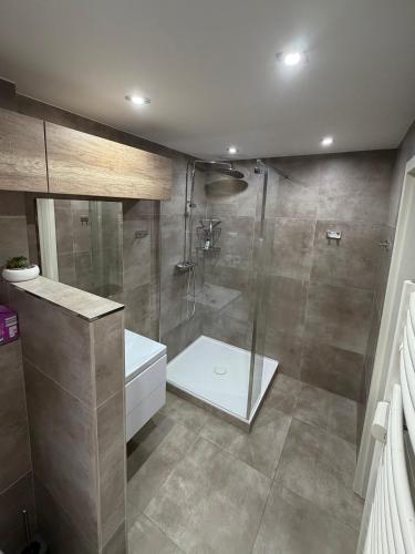 a bathroom with a shower with a tub and a sink at 2 izbový moderný byt centrum in Veľký Krtíš