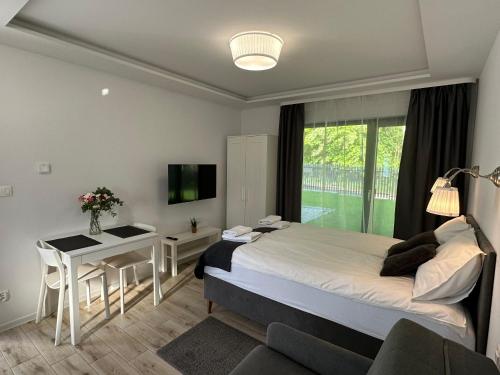 a bedroom with a bed and a desk and a tv at Villa Kryspinów K&J in Kryspinów