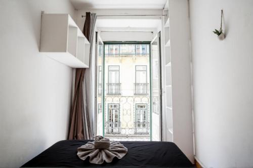 a room with a bed and a large window at Shared Apartment With Bright Private Patio in Lisboa in Lisbon