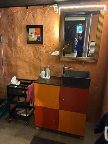 a bathroom with a sink and a mirror at Le refuge boisé in Hérémence