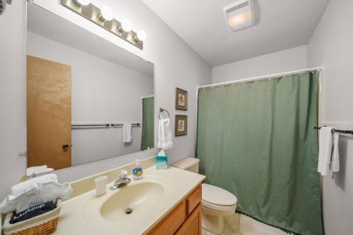 a bathroom with a sink and a green shower curtain at Oma's Beech House in Beech Mountain