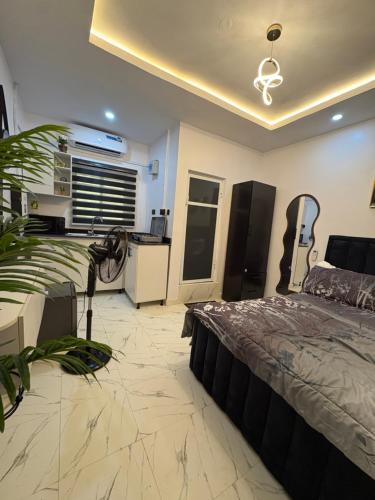 a bedroom with a bed and a desk at Studio apartment-Akilo in Lagos