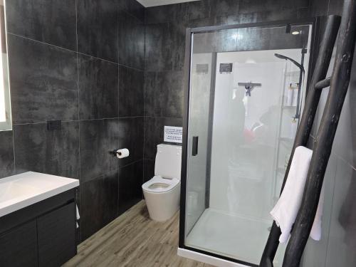 a bathroom with a shower with a toilet and a sink at City Living in New Plymouth