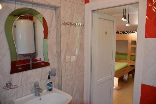 a bathroom with a sink and a mirror at Budget Hostel in Mestia in Mestia