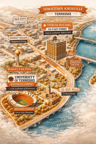 a map of the proposed downtown knoxville skyline at Modern Downtown Loft - 1 mile to UT in Knoxville