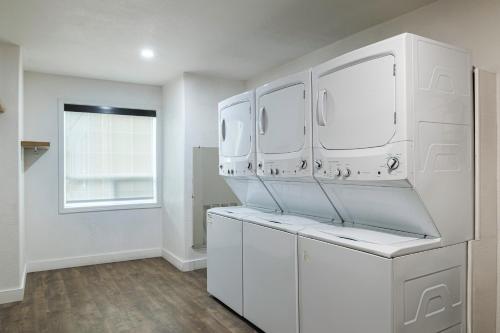 a white laundry room with white cabinets and a window at Staybridge Suites - Calgary Airport by IHG in Calgary