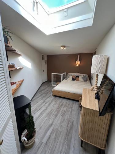 a attic bedroom with a bed and a skylight at Zandvoort Beach Escape 2P in Zandvoort