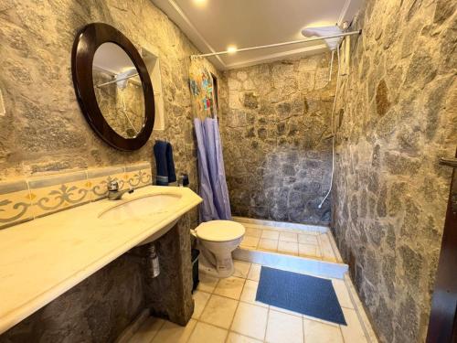 a bathroom with a sink and a toilet and a mirror at Refúgio Carangola in Petrópolis