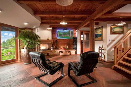 a living room with two chairs and a fireplace at Mountain Chalet Podgorje with Pool - Happy Rentals in Slovenj Gradec