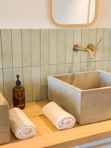 a sink on a counter with towels and a bottle of soap at Casa Cosmos in Colonia Ayui
