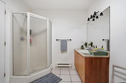 a bathroom with a shower and a sink at Condo St-Roch in Quebec City