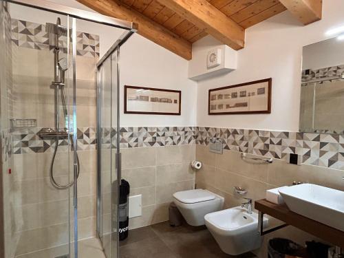 a bathroom with a shower and a toilet and a sink at Relais Villa Alma in Castion Veronese