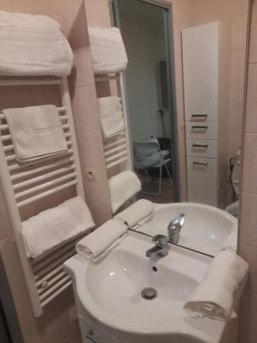 a bathroom with a sink and a mirror and towels at Sweet Lodge in Échirolles