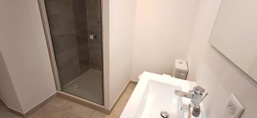 a bathroom with a shower and a white sink at Le Petit Jaune in Orthez