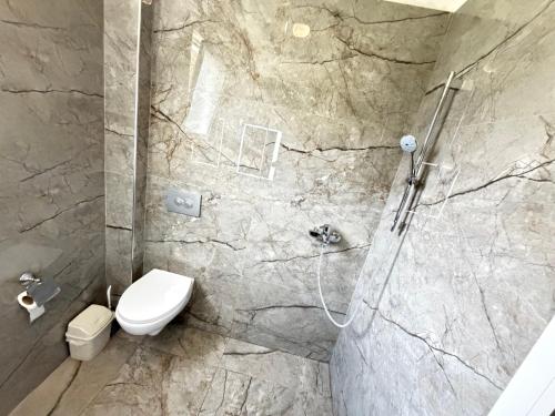 a bathroom with a shower with a toilet and a sink at Hotel corner in Bërzhitë