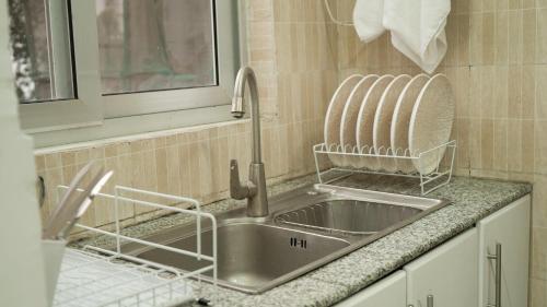 a kitchen sink with a dish drying rack next to it at Sheba Palace Apartment in Addis Ababa