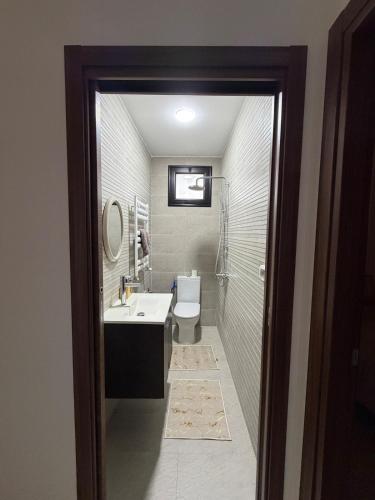 a bathroom with a sink and a toilet and a mirror at Nestlya Apartment in Sukrah