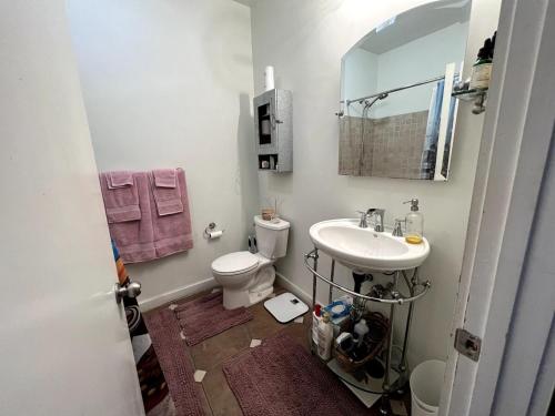 a bathroom with a sink and a toilet and a mirror at Stylish Loft, Walk to WORLD CUP! in Atlanta