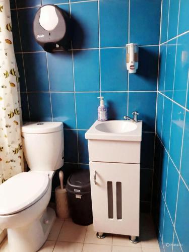 a blue tiled bathroom with a toilet and a sink at CABAÑA Adán y Eva en Zacatlán in Zacatlán