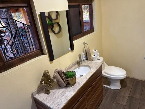 a bathroom with a sink and a toilet and a mirror at Hermosa cabaña con terraza para disfrutar Cabañas puerta del bosque Mazamitla in Mazamitla