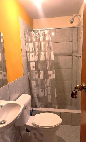 a bathroom with a toilet and a sink and a shower at La Posada in Cajamarca