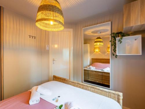 a bedroom with a bed and a mirror at Boschalet Stijn in Hattemerbroek