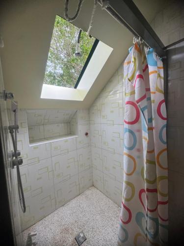 a bathroom with a skylight and a shower curtain at D'Schnuggs Place in Panglao Island