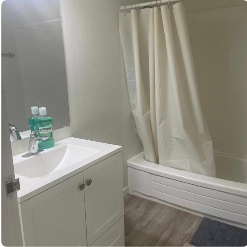 a white bathroom with a sink and a shower at Ron's Place in Saskatoon
