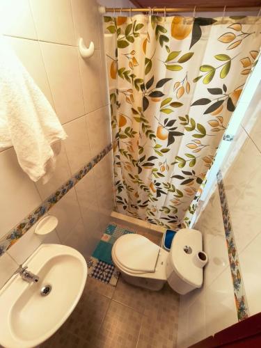 a bathroom with a toilet and a sink and a shower at Luma Dorada in Bogotá