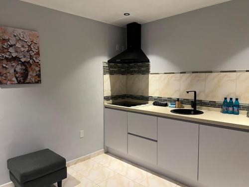 a kitchen with white cabinets and a sink at Grey-B Appartment in Dorp Sint Michiel