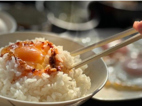 a bowl of rice with an egg on top with chopsticks at Asahikan in Kofu