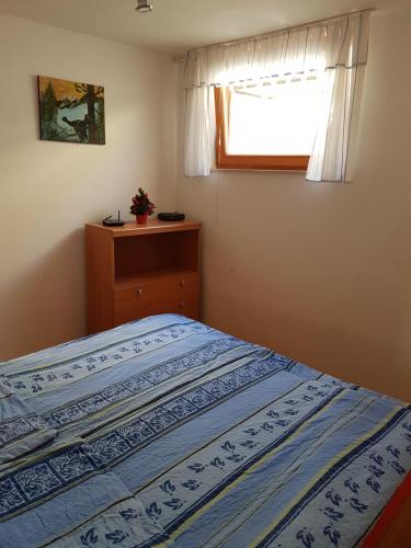 um quarto com uma cama com um edredão azul e uma janela em Apartment Brina em Kranjska Gora
