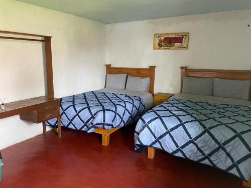 a bedroom with two beds and a desk and a mirror at Casa de campo en Zacatlán in Zacatlán