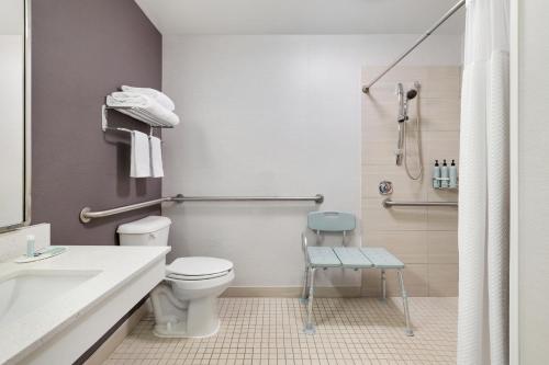 a bathroom with a toilet and a sink and a shower at Courtyard Atlanta Suwanee in Suwanee