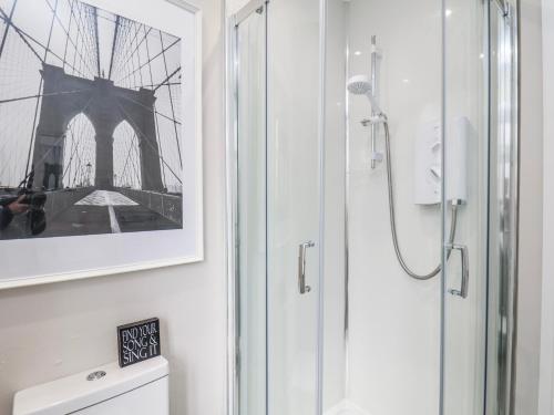 a bathroom with a shower with a picture of a bridge at Brinkleys Nook in Whitby