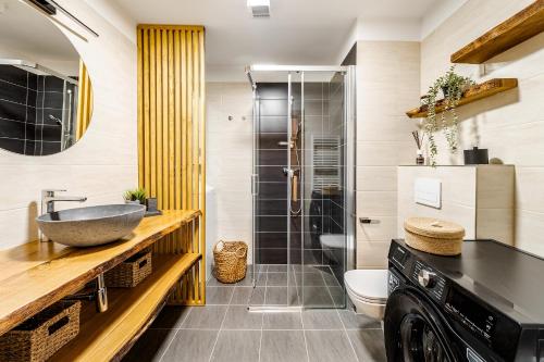 a bathroom with a sink and a shower at Jen tak Lipno in Lipno nad Vltavou