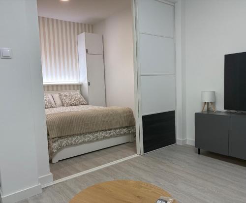 a bedroom with a bed and a mirror and a tv at Puerto playa B in Malpica