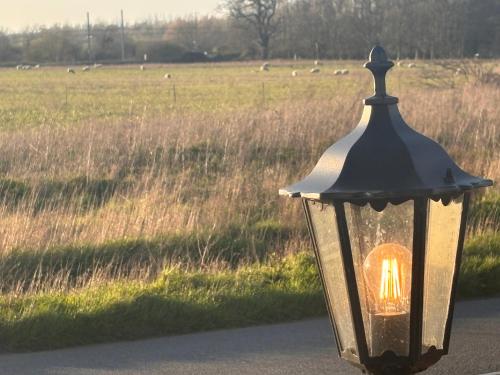 eine Straßenlaterne mit dem Buchstaben n auf einem Feld in der Unterkunft Penberthy Cabin in Offord Cluny