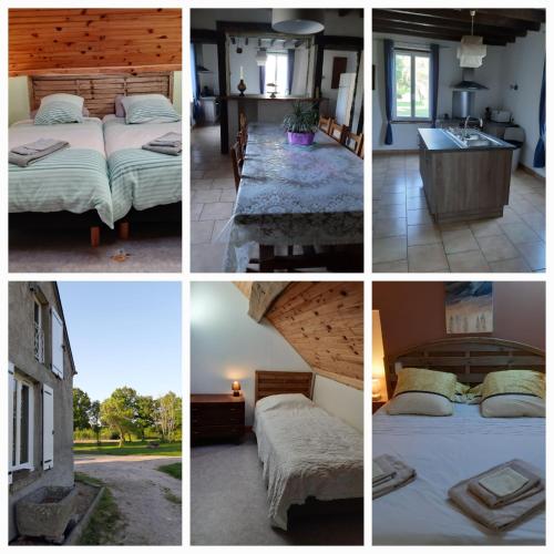 a collage of four pictures of a bedroom at Gîte de La Ronce in Dhuizon