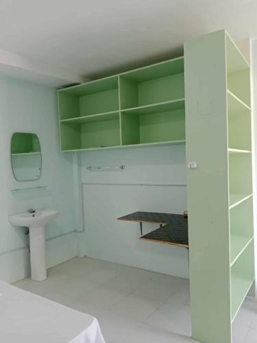 a bathroom with a sink and a toilet and green shelves at The Soul Center in Batuan