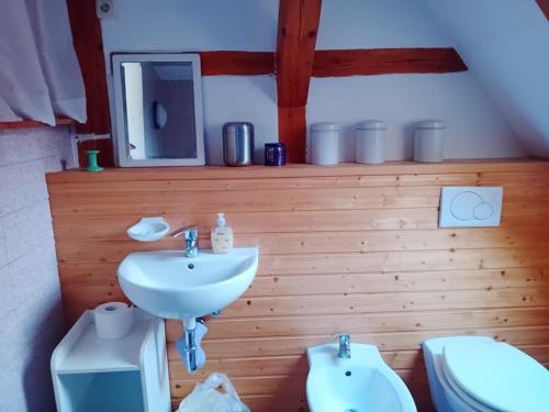 a bathroom with a sink and a toilet and a tv at Gemütliche Ferienwohnung in Ranstadt in Ranstadt