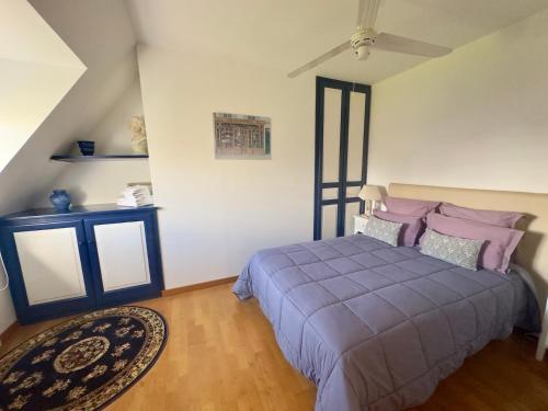 a bedroom with a purple bed and a rug at Gite Des Vignes in Verdigny