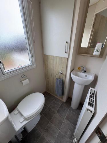 a small bathroom with a toilet and a sink at Captain's Cabin - Brixham - with designated parking in Brixham
