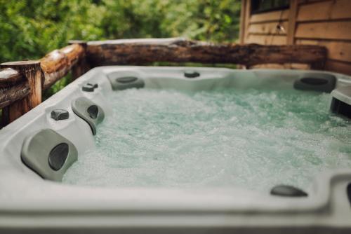 a bath tub filled with water in a yard at Iglasta chata in Warszkowo