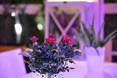 a white vase with red and blue flowers on a table at Casa Martini in Rome