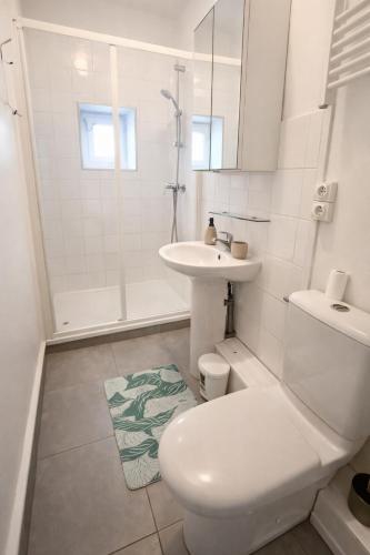 a white bathroom with a toilet and a sink at Le Nid De Demolombe in Caen