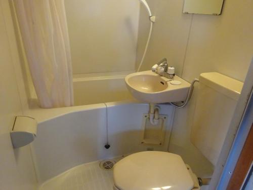 a small bathroom with a toilet and a sink at Velle Cottage Village in Hakuba