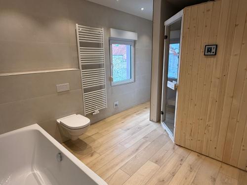 a bathroom with a toilet and a bath tub at Ferienhaus Halbritter Pouch 2 in Pouch