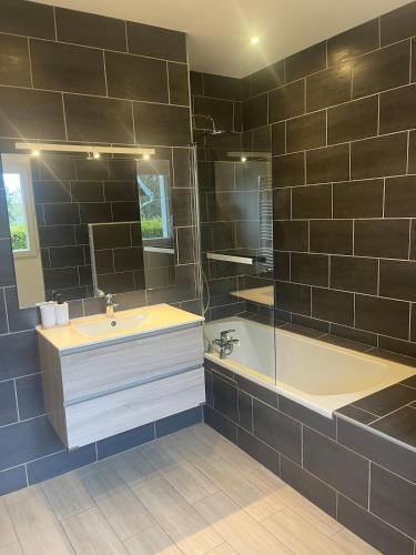 a bathroom with a tub and a sink and a mirror at La Renardière in Foreste