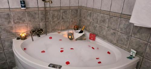 a bath tub filled with red hearts in a bathroom at Posada Spa San Marcos in Santillana del Mar